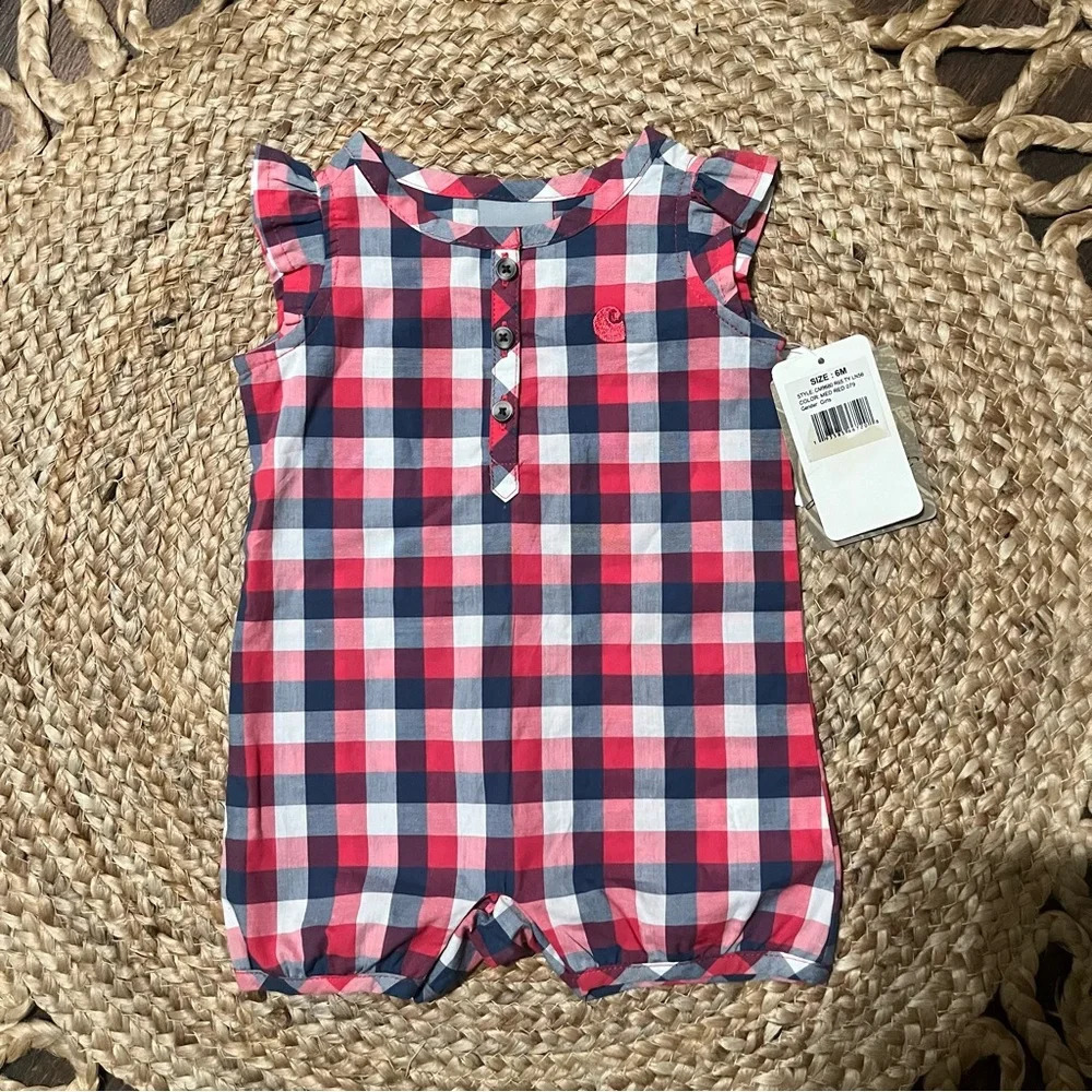 Carhartt Bodysuit Baby Girls 6M Pink Blue Sleeveless Romper Logo Pockets NWT
